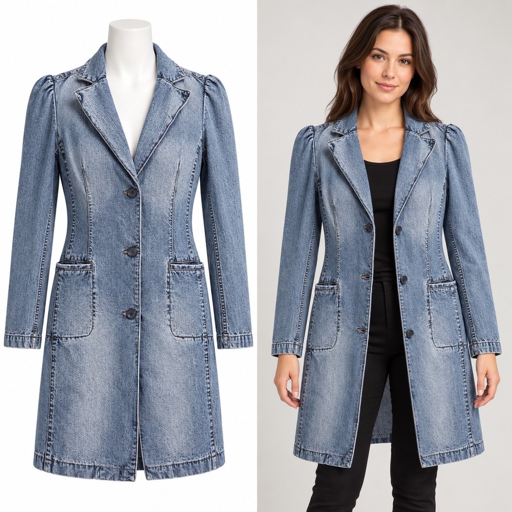 Express Jeans Denim Trench Coat Women 7/8 Blue Long Blazer Puff Sleeve Button Up